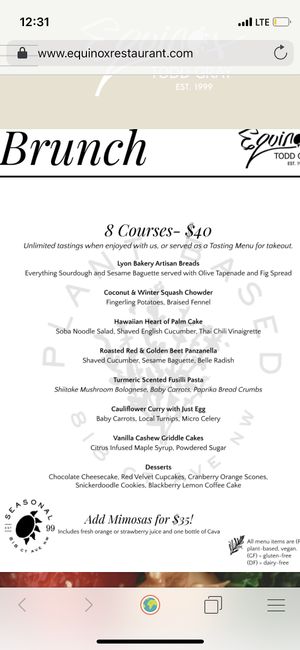 Vegan Brunch Menu at Equinox Restaurant in Washington