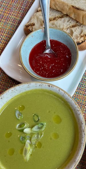 creamy jerusalem artichoke soup with warm baked focaccia and rhubarb marmalade at Equinox Restaurant in Washington