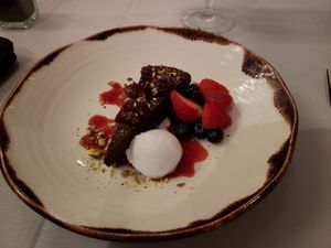 Chocolate cheezecake with coconut sorbet at Equinox Restaurant in Washington