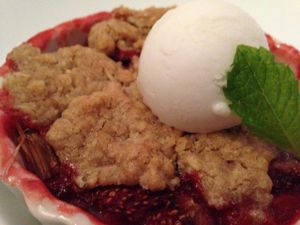 Vegan rhubarb strawberry oat crumble with vegan ice cream  at Equinox Restaurant in Washington