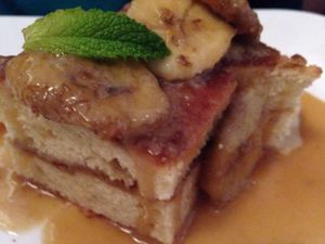 Vegan bananas foster coffee cake  at Equinox Restaurant in Washington