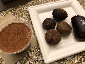 Tiramisu plus chocolate pralines and cookies  at Grezzo Raw Chocolate in Rome