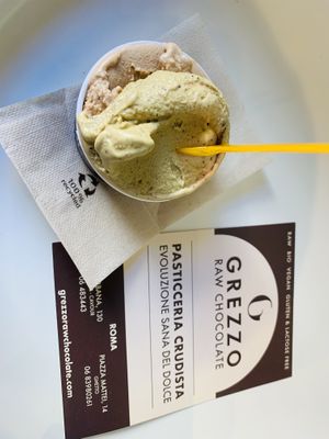Pistachio and almond gelato at Grezzo Raw Chocolate in Rome
