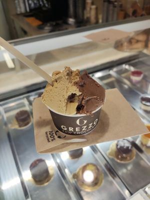 Chocolate and hazelnut and salted caramel gelato at Grezzo Raw Chocolate in Rome