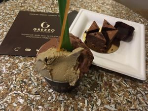 Chocolate and pistachio gelato, raw chocolate brownie, 80% truffle at Grezzo Raw Chocolate in Rome