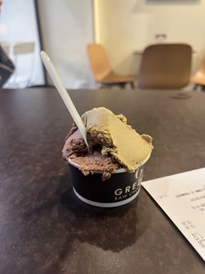 Gianduja and pistachio gelato   at Grezzo Raw Chocolate in Rome