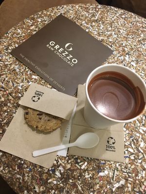 Chocolate cookie and hot chocolate at Grezzo Raw Chocolate in Rome