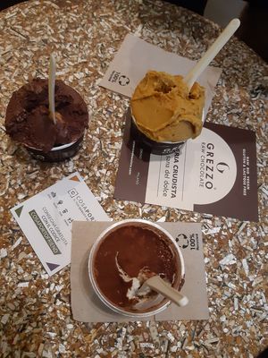 Dark choco ice cream, mango ice cream, tiramisu at Grezzo Raw Chocolate in Rome