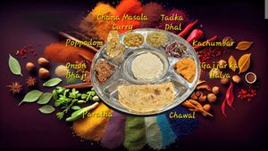 A variety of 8 dishes consisting of curries, dhal, rice, roti and carrot dessert at Camino Curry in Santiago De Compostela