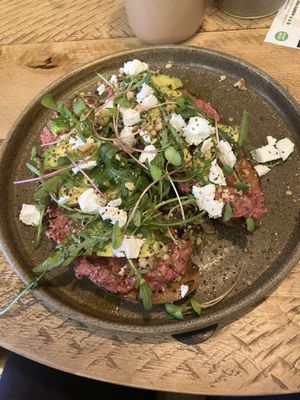 Beet hummus & feta sourdough toast   at Plant Shack in London