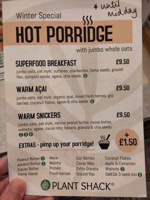 Porridge options at Plant Shack in London