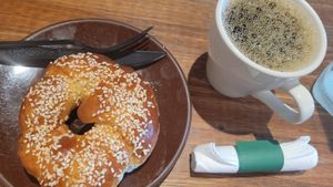 Housemade bagel and coffee at Firecreek Coffee Company in Flagstaff