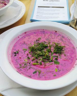 cold vegan yoghurt and beetroot soup with fresh herbs at Wypas in Poznan