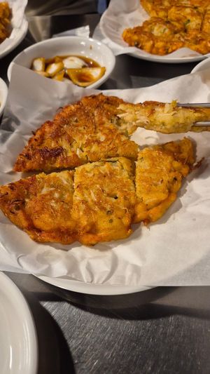 Very filling bean sprout pancake at Vegan Seoul Market Food Tour  in Seoul