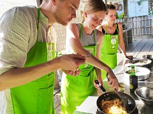 Cooking Padt Thai.  In the new VIP Cooking School location at Time for Lime in Koh Lanta