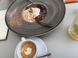 Desserts: banana bread and ice-cream coffeee  at Soul Kitchen House in Berlin