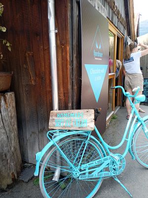 Main entrance with the turquoise signature bicycle at Geiranger Sjokolade Fjordnær in Møre Og Romsdal