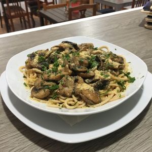 Pasta w/Sautéed Mushrooms and Vegan Cheese. at Racimo16 in Gran Canaria