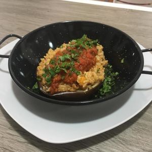 Eggplant Filled w/Rice and Soy Bolognese at Racimo16 in Gran Canaria