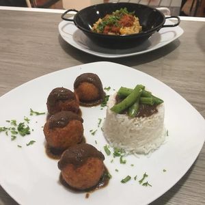 Carrot Ball w/Plum Sauce and Basmati Rice. at Racimo16 in Gran Canaria