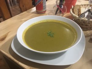 Spinach soup, vegan at Racimo16 in Gran Canaria