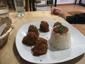 Eggplant “meat”balls with rice  at Racimo16 in Gran Canaria