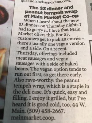 The $3 Dinner and Peanut Tempeh Wrap @ Main Market co-op at Main Market Co-op in Spokane