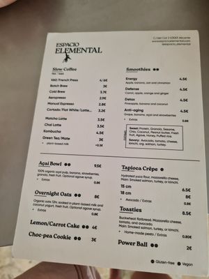 Menu at Espacio Elemental in Alicante