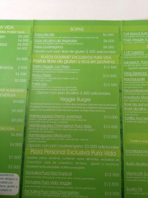 Menú  at Pura Vida - Calle 121 in Bogota