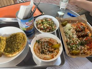 Zaatar pita, hummus, kebab platter at MOTEK in Frankfurt