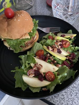 The salad was good but without dressing. The burger had that type of vegan cheese with a very strong taste, good burger other than that.   at Plant Neta Cafe in Puebla