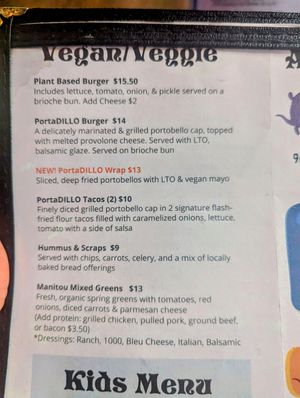 Vegan section on menu at Armadillo Ranch in Manitou Springs