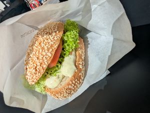 Vegan potato salad bagel at Coffee Island in Santorini