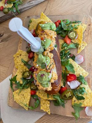 Super Sandwich with syringe of guacamole at Brunch & Cake in Barcelona