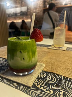 Matcha milk with strawberry pureee  at Towzen - Sydney in Sydney