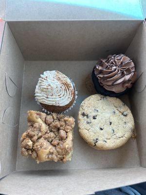 Carrot cake cupcake, death by chocolate cupcake, coffee cake, and cookie dough sandwich   at The Caring Kitchen - Orangevale in Orangevale
