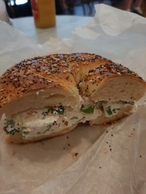 Everything bagel w/ tofu scallion spread (like cream cheese) at Bagel Pub - Garment District in New York