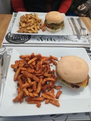 classic with sweet potatoes french fries & falafel burger with traditional french fries at Green Factory - Villa Devoto in Buenos Aires