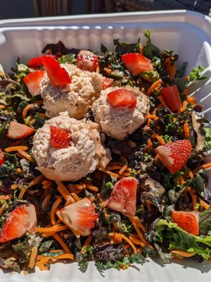 Rosemary soy chicken salad, over kale, carrots, strawberries at Two Mammas Vegan Kitchen in Oakland