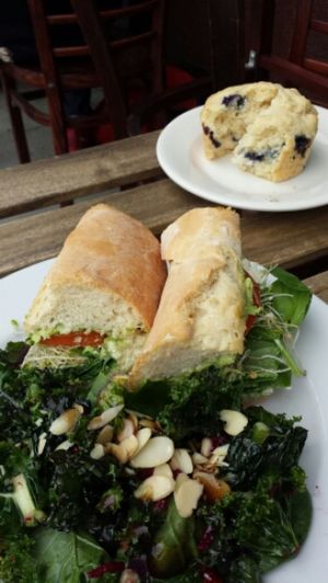 Italian sandwich, kale, spinach salad and blueberry muffin at Two Mammas Vegan Kitchen in Oakland