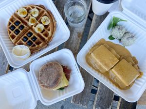 Belgian waffle, Bacon benedict, and Breakfast sandwich   at Two Mammas Vegan Kitchen in Oakland