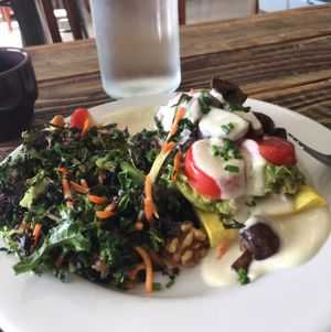 Gluten free version of Mushroom Florentine. Billy and Jude substituted a tofu patty for the English muffin. I picked the kale salad as my side.  at Two Mammas Vegan Kitchen in Oakland