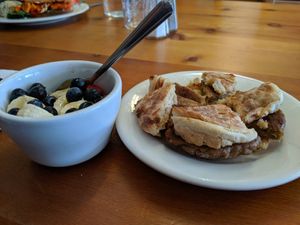 Children's plate English muffin sausage, fruit cup at Two Mammas Vegan Kitchen in Oakland