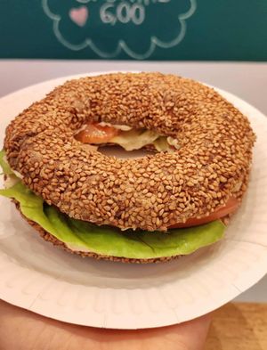 Koulouri (bagel) with Hummus and vegetables at Rhodes Gluten Free in Rhodes