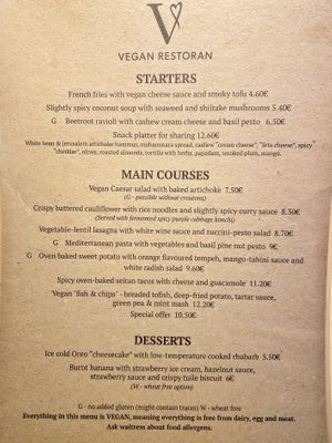 Menu at Vegan Restoran V in Tallinn
