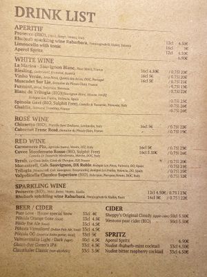 Drinks menu at Vegan Restoran V in Tallinn