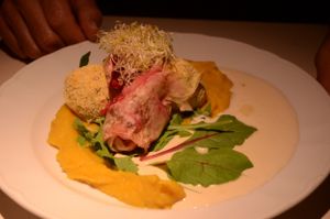 White Bean Potato Balls & Couscous Cabbage Rolls with Carrot and Celery Root Puree and Mustard Sauce at Vegan Restoran V in Tallinn
