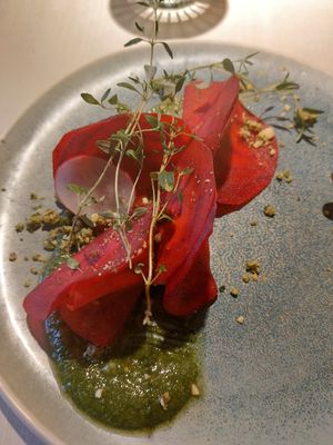 Beetroot with cashew cheese filling and pesto sauce at Vegan Restoran V in Tallinn