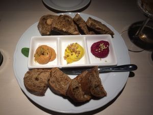 Selection of spread with bread  at Vegan Restoran V in Tallinn