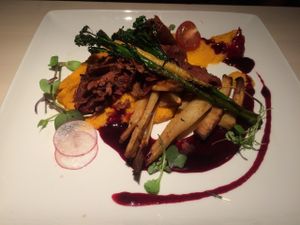 Beet seitan with celeriac and sweet potatoes cream at Vegan Restoran V in Tallinn